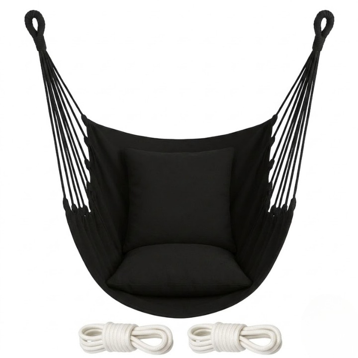 Fotoliu Hamac Suspendat Brazilian Cu Perne Galaxia® Negru XXL 130x95 cm Panza Aerisita din Bumbac pentru Interior si Exterior