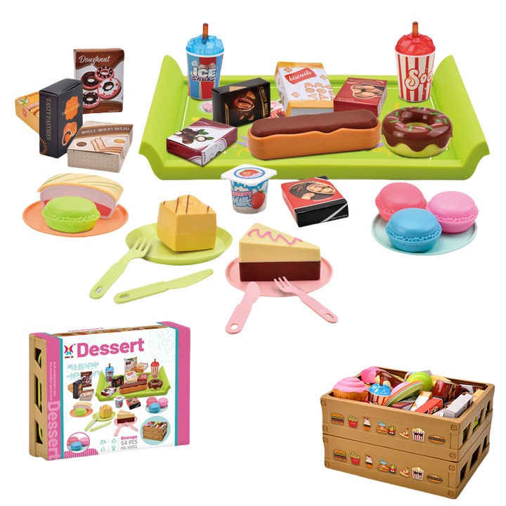 Jucarii de bucatarie pentru copii, 54 de piese, cos de picnic pentru camping, tacamuri, mancare, fructe, joc de rol, exercitiu practic