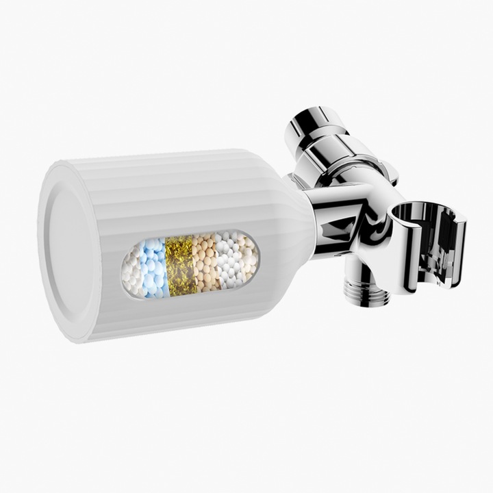 Filtru de apa pentru dus INNOVIO® cu 8 straturi de filtrare, anticlor si anticalcar, elimina impuritatile, metalele grele si mirosurile neplacute, suport pentru cap de dus inclus, purificator apa baie, usor de instalat, Culoare Alb/Crom