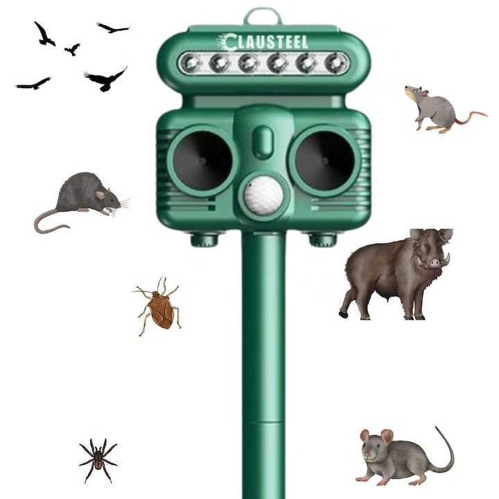 Aparat profesional cu ultrasunete si panou solar CLAUSTEEL 4in1, Flashuri LED, senzor de miscare, senzor de lumina, anti rozatoare, sobolani, dihori, pasari, reptile, caini, pisici, animale salbatice, acoperire 452 m², raza de actiune 12 m, Verde feriga
