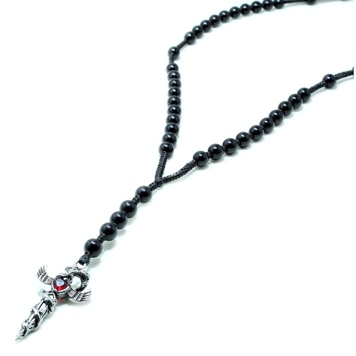 Lant Rozariu Ultra Black, pandantiv cruce otel inoxidabil cu piatra Rhinestone rosie, Tios Handmade, pietre naturale semipretioase Onix