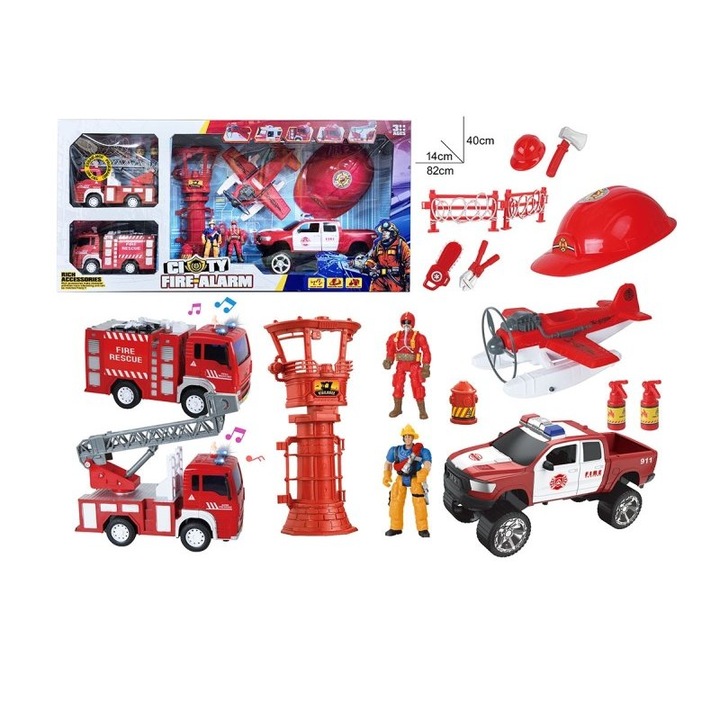 Tűzoltó játékkészlet, terepjáró, tűzoltóautó, repülőgép, fény- és hanghatások, 79x40x15cm
