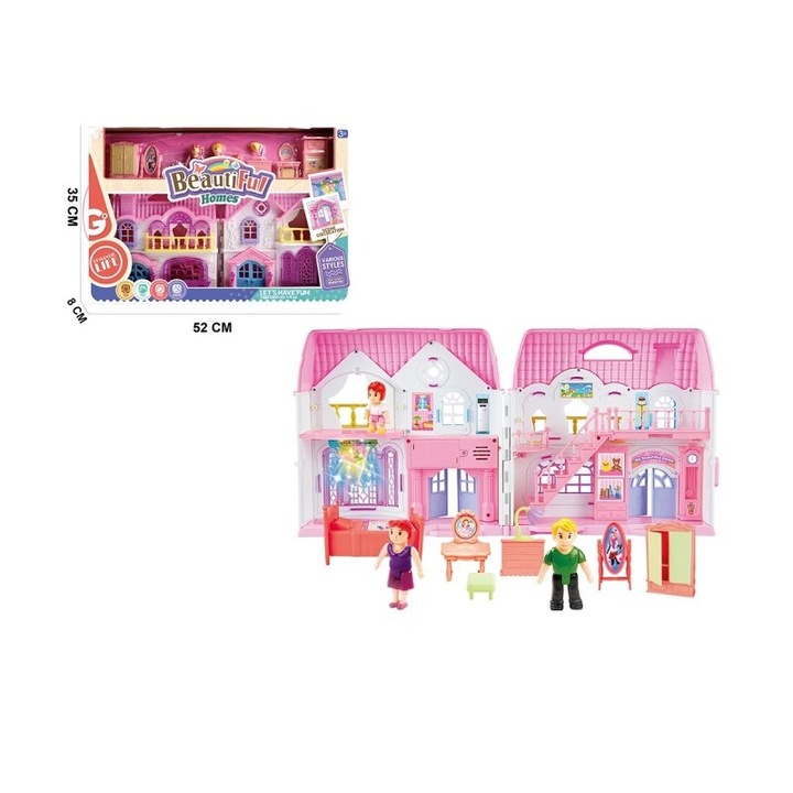 Casuta pentru papusi, Eurobaby, plastic, cu mobilier, efecte luminoase si sonore, 3ani+, multicolor