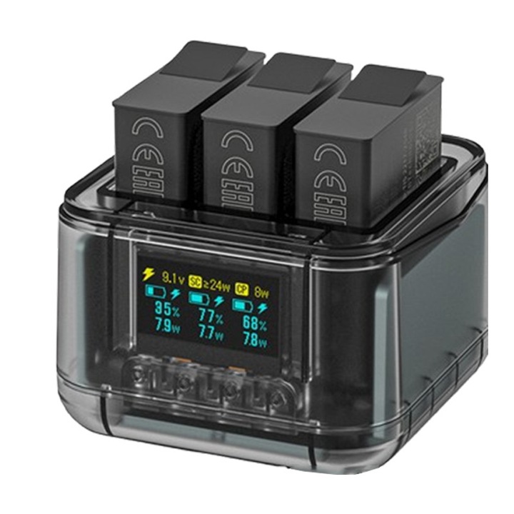 Incarcator tip carcasa camera video sport pentru GoPro Hero 13, Fudisenn®，24w，5V,3A,0.96"OLED，incarcare simultana 3 baterii, Multiple protection, safe use，Plastic PC Enclosure,60×60×40mm, Negru