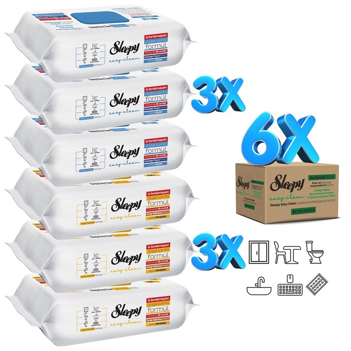 PACHET - 6 X Servetele Umede Sleepy Easy Clean Multisuprafete, 100 Buc