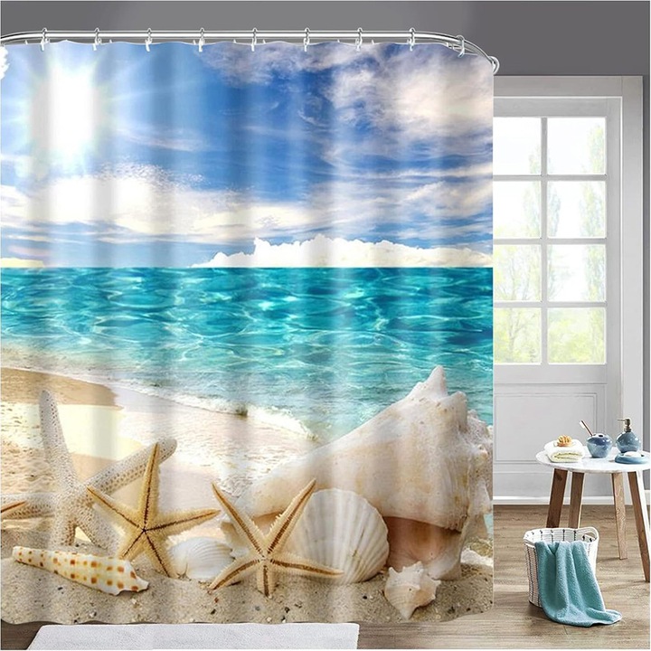 Perdea de dus, BOMSTOM, cu imprimeu plaja, impermeabila, 180x200cm, set cu 12 carlige