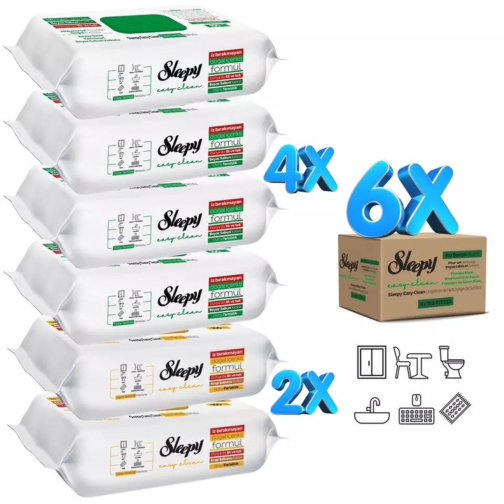 PACHET - 6 X Servetele Umede Sleepy Easy Clean Multisuprafete, 100 Buc
