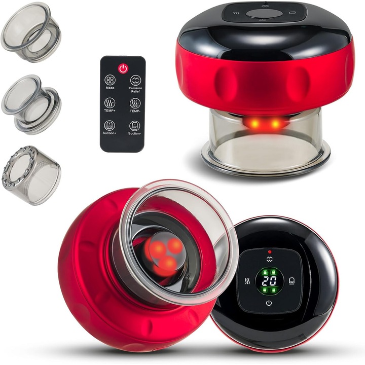 Комплект електрически вендузи за масаж, WALALLA, 5 в 1, 12 нива на засмукване и регулиране на температурата, терапия с червена светлина, безжично управление, за мускулна релаксация, червен