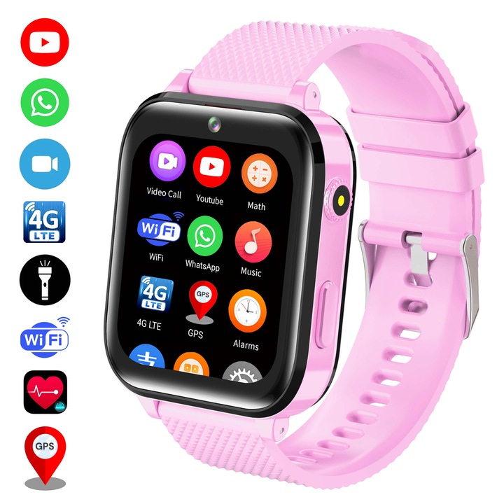 Ceas smartwatch copii GPS 4G, Whatsapp, Youtube, camera HD, Wingereich ™, localizare GPS, telefon, apel video HD, WIFI, bluetooth, apa IP67, Android, IOS, SOS, monitorizare spion, roz lila