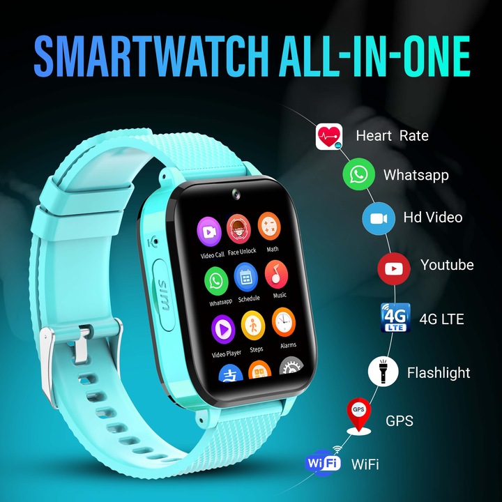 Ceas smartwatch copii GPS 4G, Whatsapp, Youtube, camera HD, Wingereich ™, localizare GPS, telefon, apel video HD, WIFI, bluetooth, apa IP67, Android, IOS, SOS, monitorizare spion, turcoaz