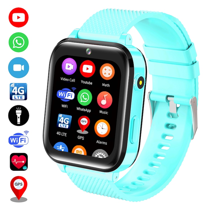 Ceas smartwatch copii GPS 4G, Whatsapp, Youtube, camera HD, Wingereich ™, localizare GPS, telefon, apel video HD, WIFI, bluetooth, apa IP67, Android, IOS, SOS, monitorizare spion, turcoaz