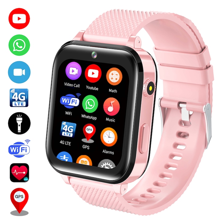 Ceas smartwatch copii GPS 4G, Whatsapp, Youtube, camera HD, Wingereich ™, localizare GPS, telefon, apel video HD, WIFI, bluetooth, apa IP67, Android, IOS, SOS, monitorizare spion, roz pudra