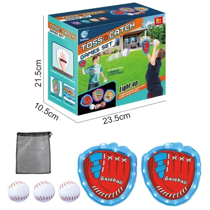 Set joc interactiv arunca si prinde – 2 Palete/manusi si 3 mingi cu scai/velcro, pentru copii, de exterior