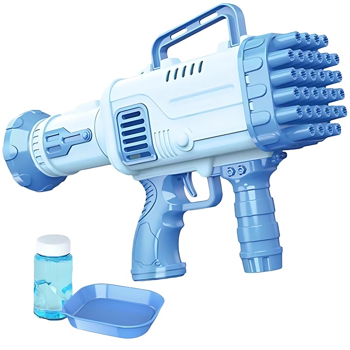 Пистолет за сапунени мехурчета, многоцветни LED светлини и вграден вентилатор, с 32 отвора за зрелищни мехурчета, идеален за лятна игра на открито, тематични партита, рождени дни и забавни моменти, син
