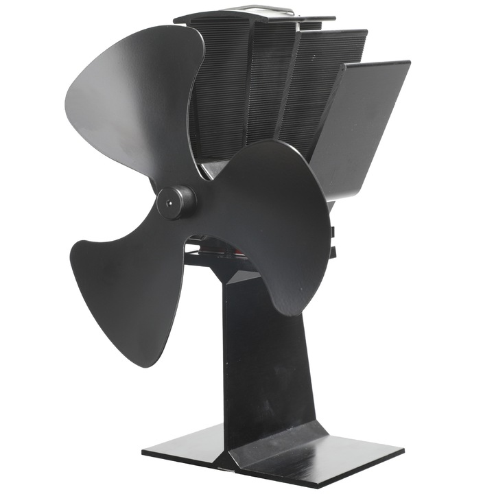 Ventilator pentru soba lemn, 3 palete, ecologic, aluminiu, pentru arzatoare pe lemne/busteni/seminee,16x12x23cm, negru