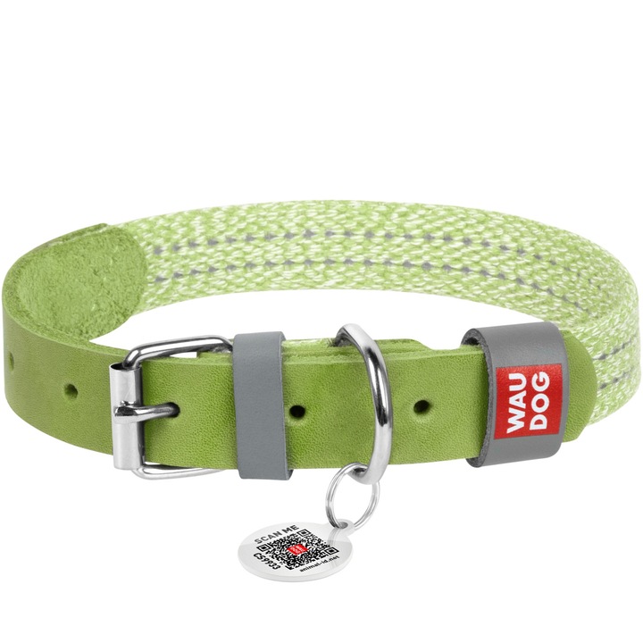 Zgarda pentru caini din piele si bumbac reconstituit, WAUDOG Classic, verde deschis, L, 38-49 cm, 25 mm