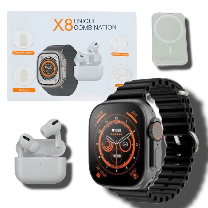 Smartwatch X8 Unique Combination, Apel Bluetooth, NFC, Ecran 2.02 IPS, IP67, Monitorizare Sanatate, Always-On, Casca BT, Baterie Externa, Negru