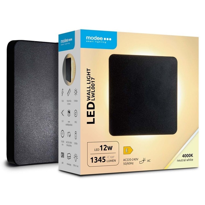 Aplica perete exterior LED, 12W, 1345lm, IP65, 165x165x61mm, negru, LWL0017 Modee