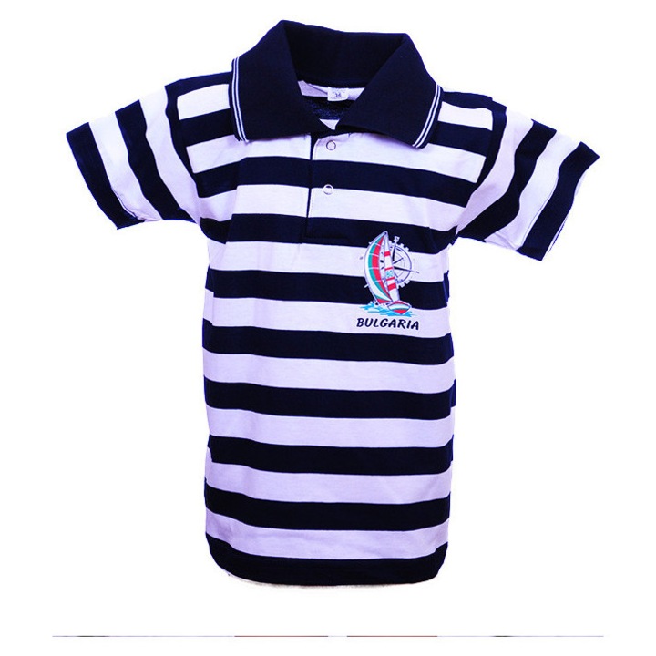 Gyerek blúz, Póló, Rövid ujjú, Tengerész, Galléros, Csíkos, Sötétkék/Fehér, 30, 3-4 éves