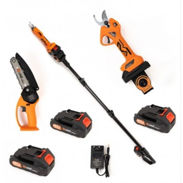 Set foarfeca electrica + mini drujba + brat telescopic 2m inclus, 2 acumulatori 36V, unghi de taiere reglabil, Negru-portocaliu