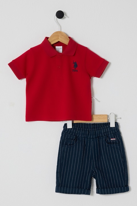U.S. Polo Assn., Set de tricou din bumbac si pantaloni scurti - 2 Piese, Rosu/Albastru inchis