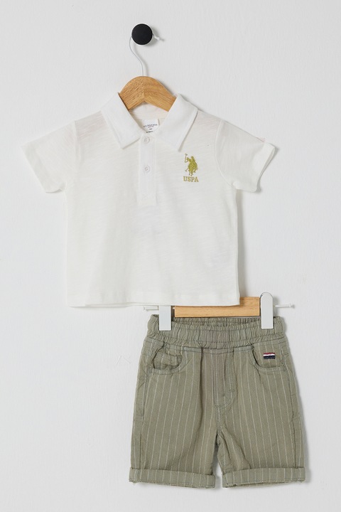 U.S. Polo Assn., Set de tricou din bumbac si pantaloni scurti - 2 Piese, Verde pal/Alb murdar