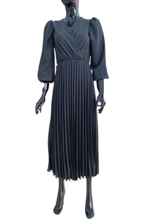 Rochie eleganta neagra, plisata, croiala petrecuta si maneci bufante, marime 38