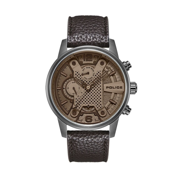 Ceas barbatesc, Police, Piele / Inox, 48 mm, Maro