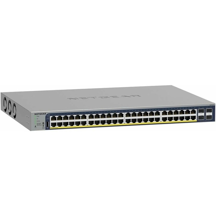 NetGear GS752TP-300EUS menedzselt switch, 48 PoE, 4 SFP, fekete, EU csatlakozó