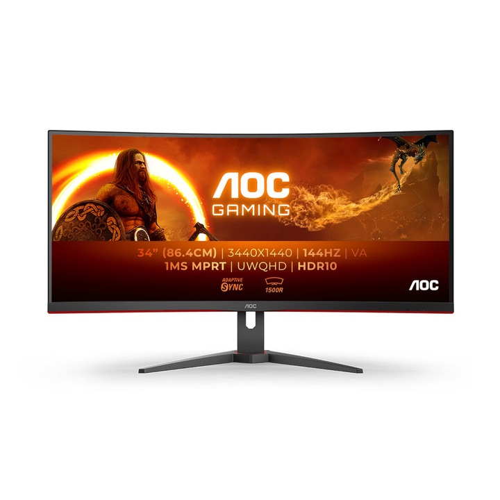 AOC CU34G2XE/BK monitor, 34 hüvelykes, ívelt, 3440x1440 képpont, 144 Hz, fekete/piros