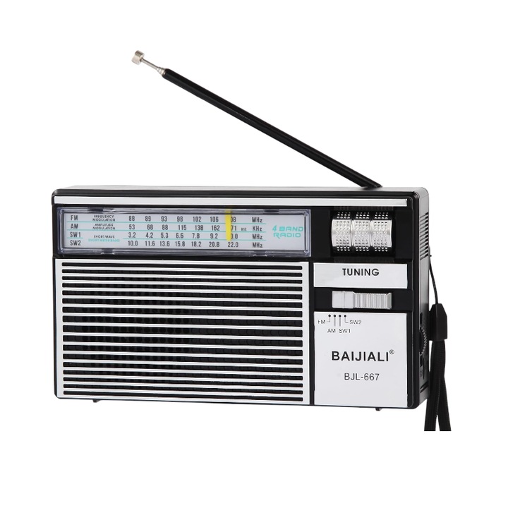 Radio reincarcabil Baijiali BJL667, AM/FM/SW, Jack 3.5mm, 4Ω, Antena pliabila, Negru