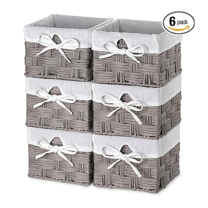 EZOWare – 6 db kézzel készített, négyzet alakú, szőtt papírzsinóros tárolókosár készlet – Betétes rendeződobozok babaszobába, gyerekjátékok – 14 x 14 x 10 cm, szürke