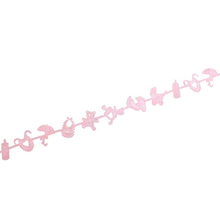 Panglica satin cu motive pentru bebelusi: ac, zornaitoare, ursulet si sticla, Rayher, 4m, roz pal