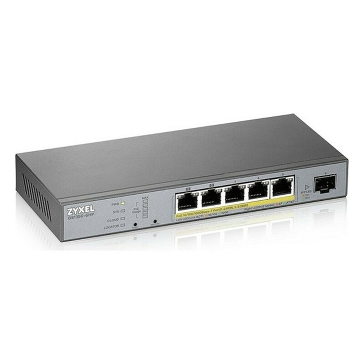 Комутатор ZyXEL GS1350-6HP, 12 Gbps, 5 RJ45 порта, сив, 19.3x8.4x2.6см