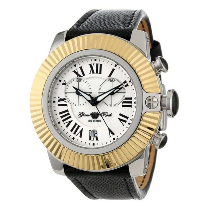 Ceas dama Glam Rock GR32117, piele neagra, otel argintiu, 44mm