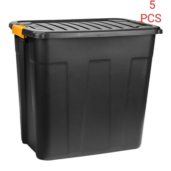 Set 5 cutii depozitare, de mare rezistenta, cleme de prindere, plastic, neagra, 85L, 60x39x54cm