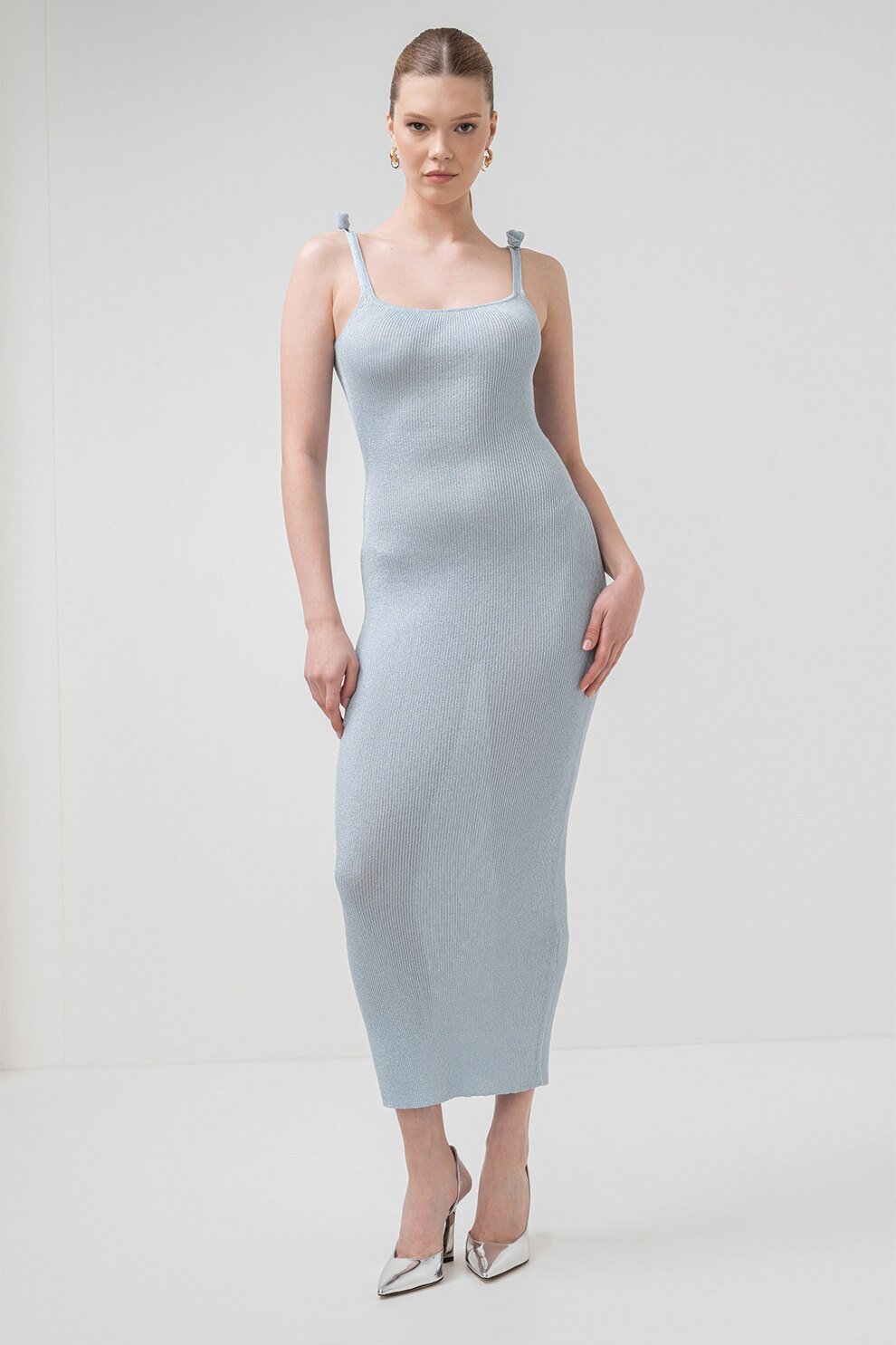 Marella, Rochie maxi cambrata cu aspect striat Porto, Albastru pastel, M