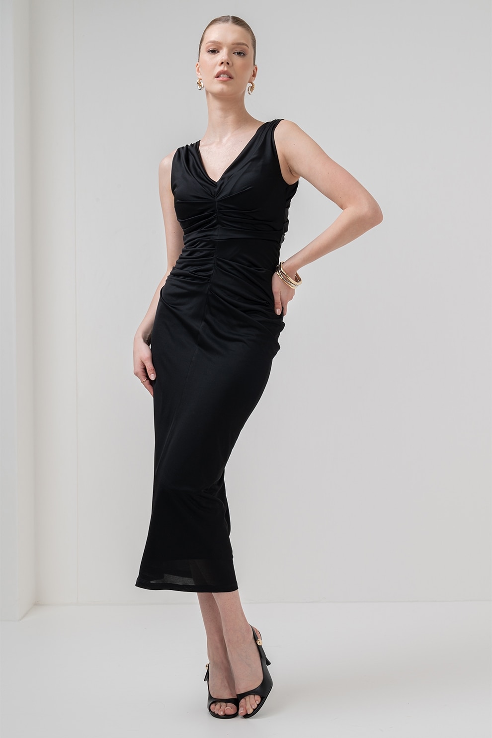Marella, Rochie cambrata cu decolteu in V Harald, Negru, S