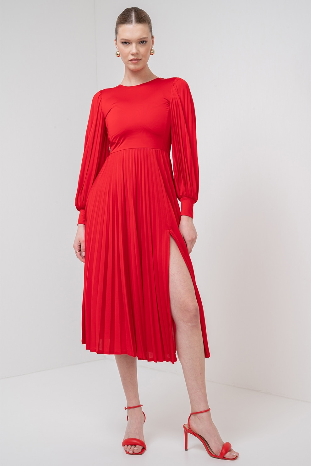 Marella, Rochie cu pliuri si maneci lungi Redy, Rosu, S