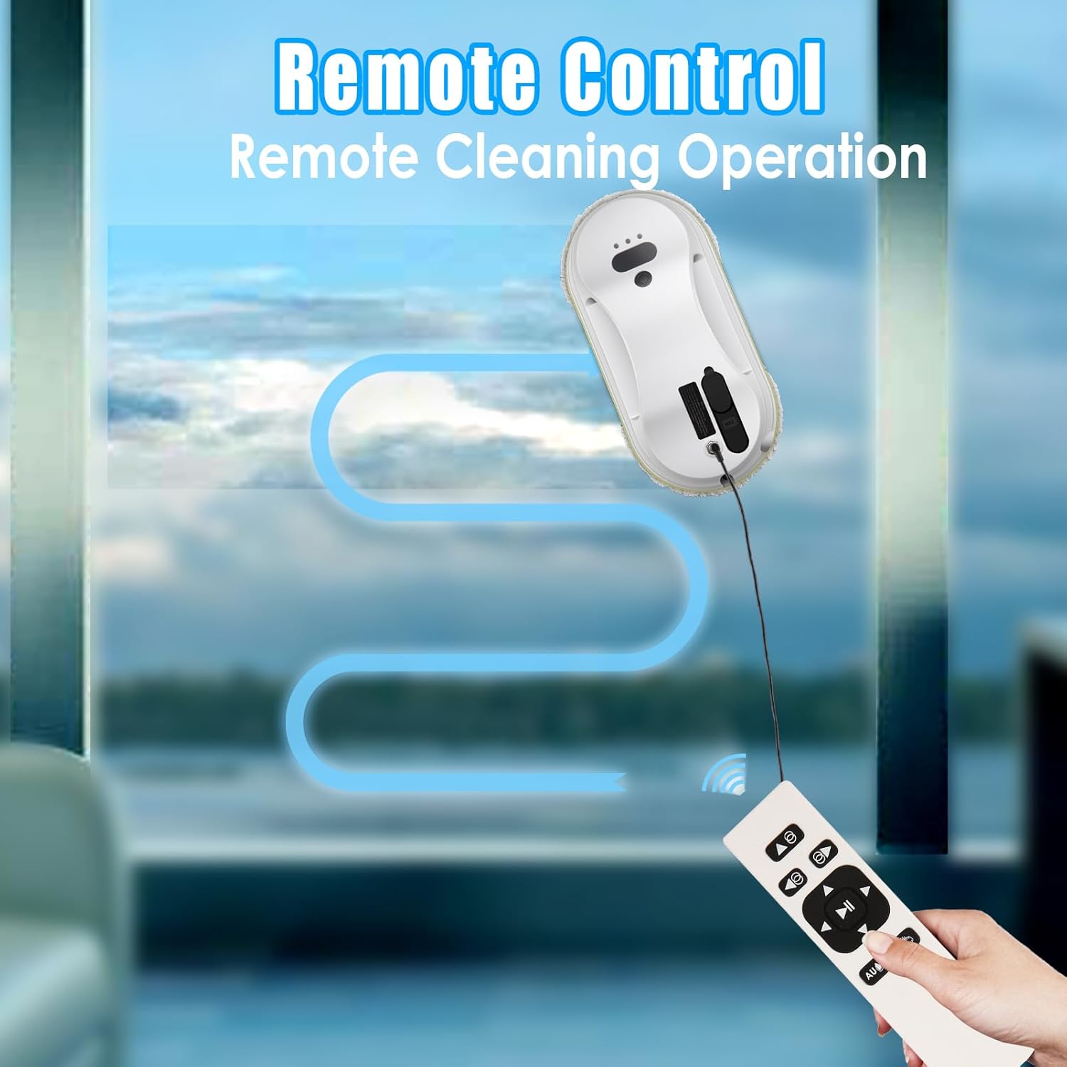 Robot de curatare a geamurilor, WALALLA, pulverizare unidirectionala a apei, protectie UPS incorporata, rezervor de apa de 30 ml, detectare rama, cu telecomanda, 10 carpe de rezerva, aspiratie 3800 Pa, potrivit pentru ferestre exterioare/interioare, alb