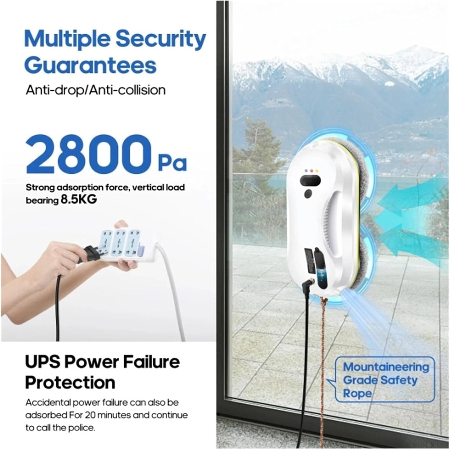 Robot de curatare a geamurilor, WALALLA, pulverizare unidirectionala a apei, protectie UPS incorporata, rezervor de apa de 30 ml, detectare rama, cu telecomanda, 10 carpe de rezerva, aspiratie 3800 Pa, potrivit pentru ferestre exterioare/interioare, alb