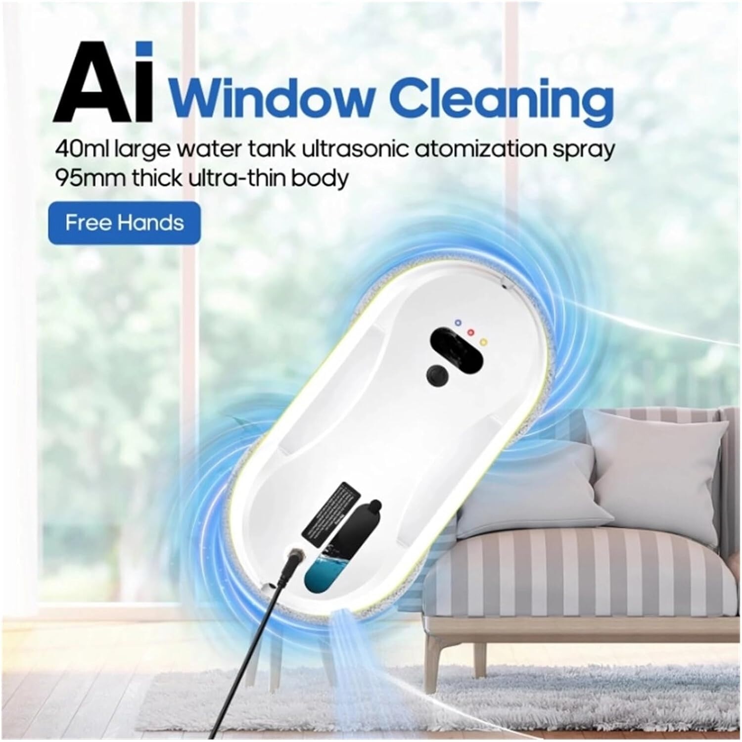 Robot de curatare a geamurilor, WALALLA, pulverizare unidirectionala a apei, protectie UPS incorporata, rezervor de apa de 30 ml, detectare rama, cu telecomanda, 10 carpe de rezerva, aspiratie 3800 Pa, potrivit pentru ferestre exterioare/interioare, alb