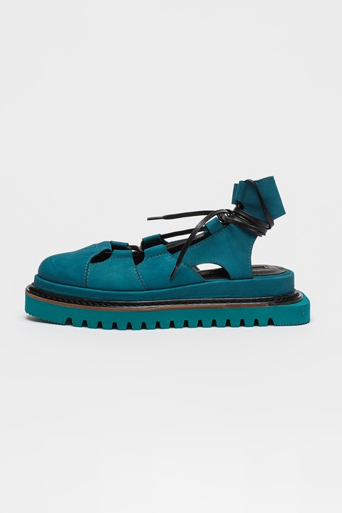 Mihaela Glavan, Pantofi flatform de piele cu decupaj pe spate, Verde/Albastru