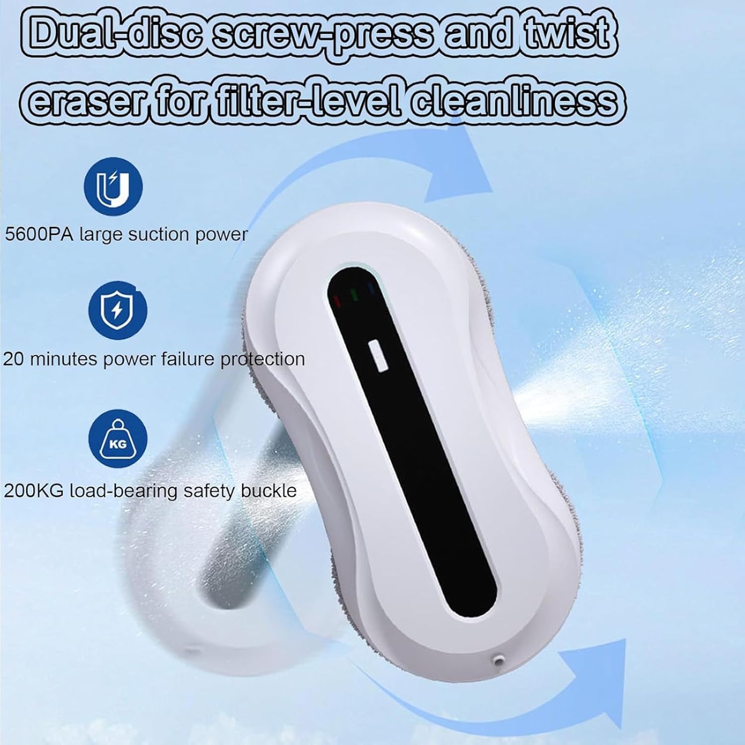 Robot de curatare a geamurilor, WALALLA, pulverizare cu apa bidirectionala, protectie UPS incorporata, rezervor de apa de 50 ml, detectare margini, cu telecomanda, aspiratie 5600 Pa, potrivit pentru ferestre exterioare/interioare, alb-negru