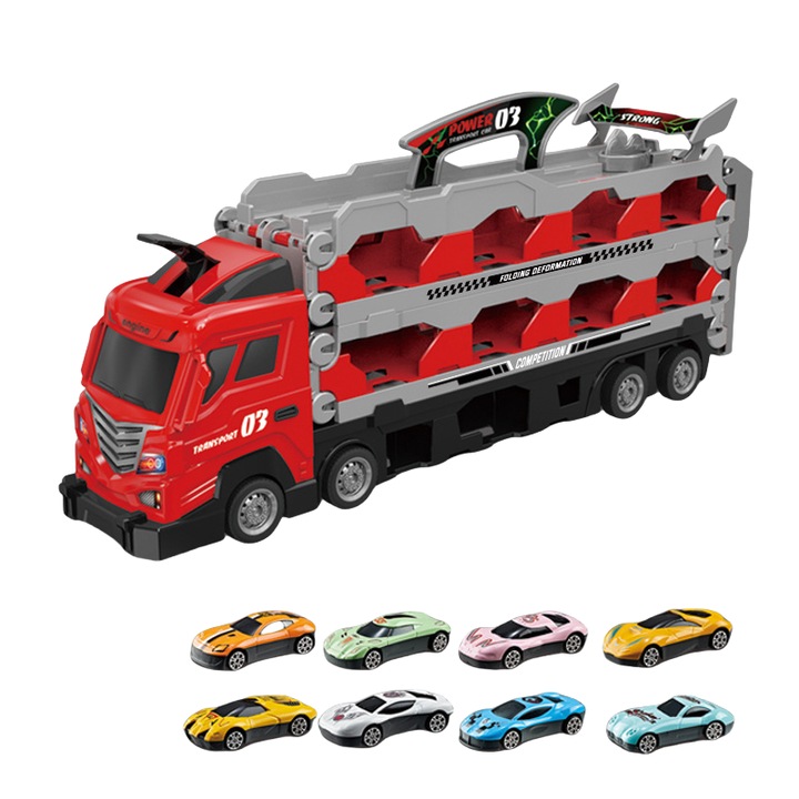 Szállítójármű, 8 ötvözetből készült jármű, deformációs kidobás, összecsukható tároló, ajándék 3-6 éves fiúknak, piros