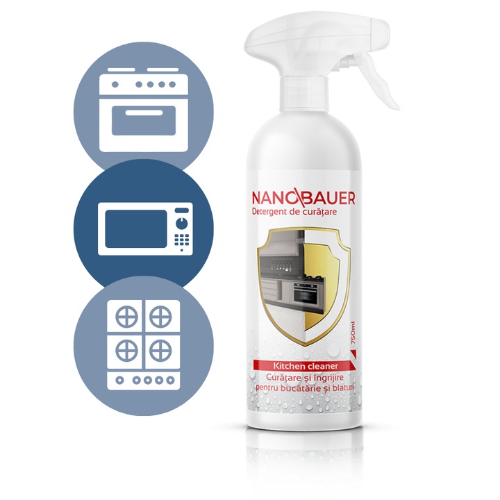 Spray Degresant Bucatarie NANOBAUER 750 ml – Curatare rapida si eficienta pentru aragaz, cuptor, hota, rame metalice, dulapuri, electrocasnice si aparate de bucatarie