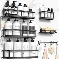 Raft de Dus Elindor® Polita cu Adeziv, Etajera de Baie, Suport Prosop si Sapun, din Inox, Organizator Baie sau Etajere Depozitare in Bucatarie, Set 6 Rafturi de Dus, Accesorii, Negru