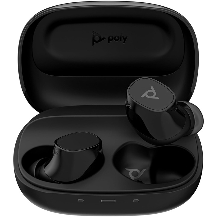 Слушалки in-ear Poly Voyager Free 20, Макс. 28 часа кумулативен живот на батерията с активно шумопотискане, Базирано на изкуствен интелект, Мобилно приложение Poly Lens, Черен