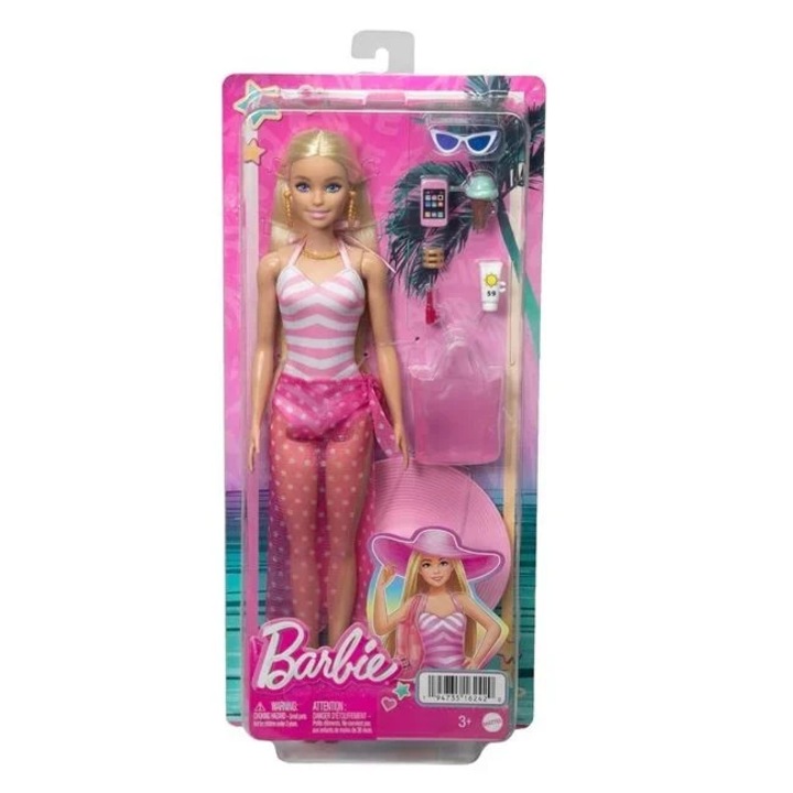 Кукла Барби Beach Glam по бански костюм и аксесоари, включени, възраст 3+ години, 15x6x32 см, розова
