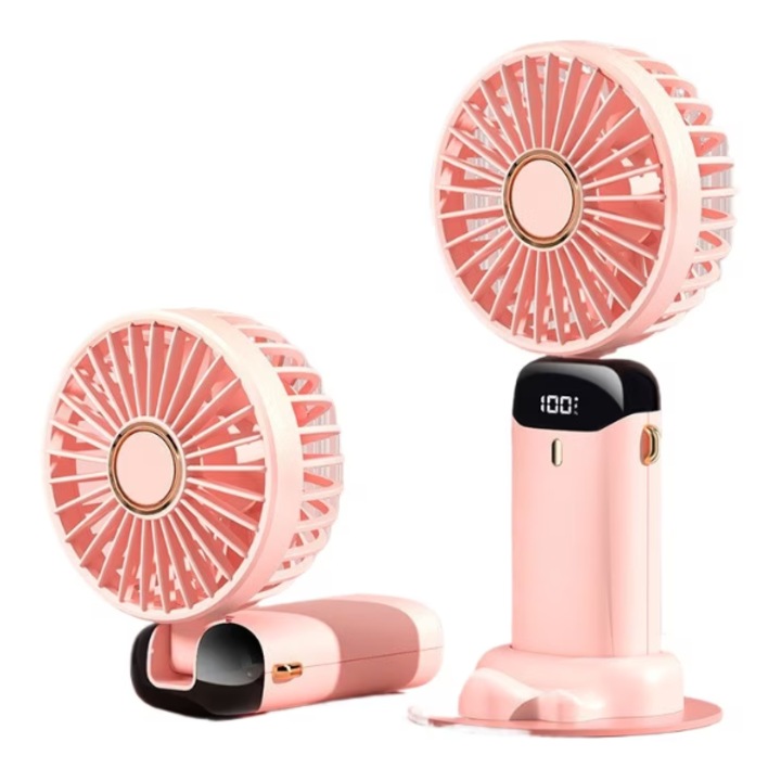 Ventilator portabil de mana cu baza Ventilator alimentat cu baterie, 8 ore, afisaj digital, 5 viteze, mini ventilator reincarcabil, reglabil la 90° pentru interior si exterior, Roz